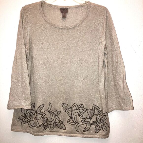 CHICO'S sz L sz 2 Embroidered Neutral Beige Sparkle Smooth Stretch Knit Top - Picture 1 of 5